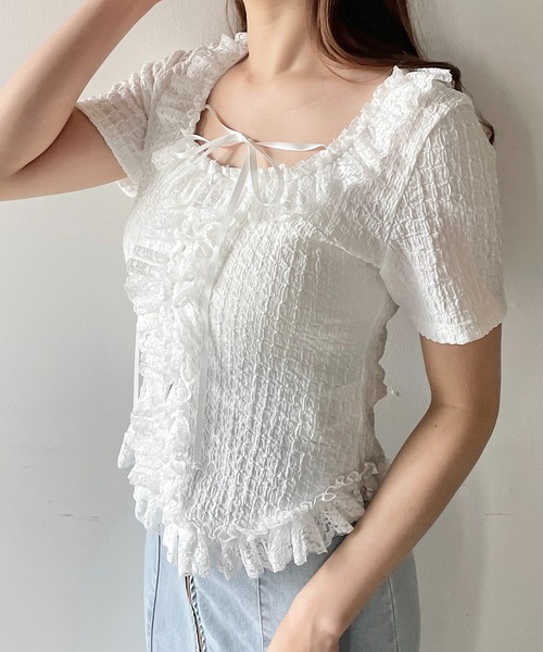 tシャツ レースフリルトリミングロンティー レディース レースフリルトリミングロンティー（Tシャツ/カットソー