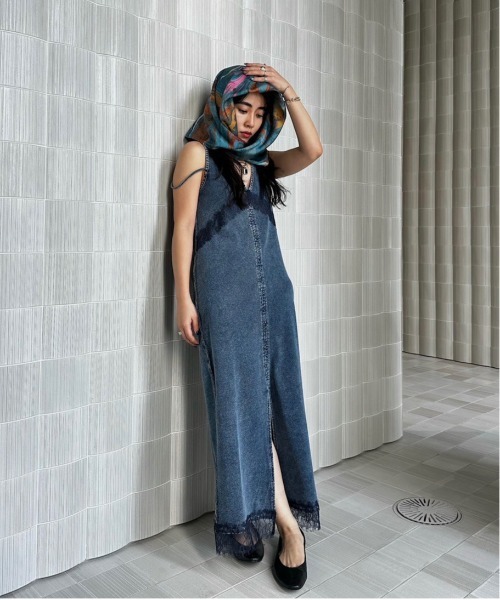 Ameri（アメリ） ワンピース 夏 MEDI 2WAY DENIM LIKE LACE DOCKING