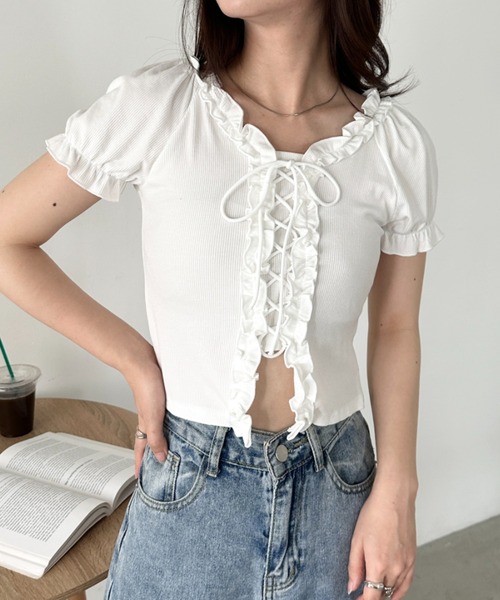 CLEA tシャツ レースアップフロントリボントップス レディース