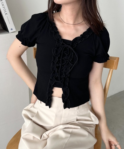 CLEA tシャツ レースアップフロントリボントップス レディース