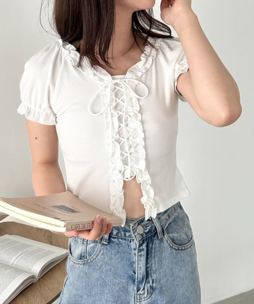 CLEA tシャツ 半袖 レースアップフロントリボントップス レディース