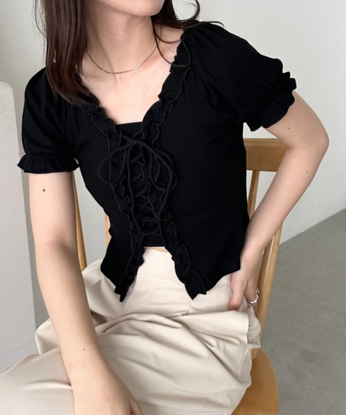 CLEA tシャツ レースアップフロントリボントップス レディース
