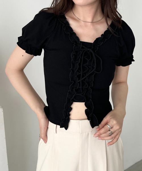 CLEA tシャツ 半袖 レースアップフロントリボントップス レディース
