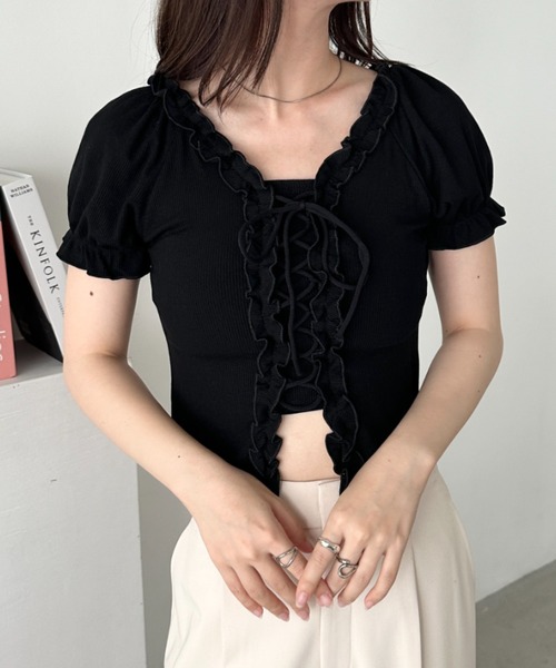 CLEA tシャツ レースアップフロントリボントップス レディース