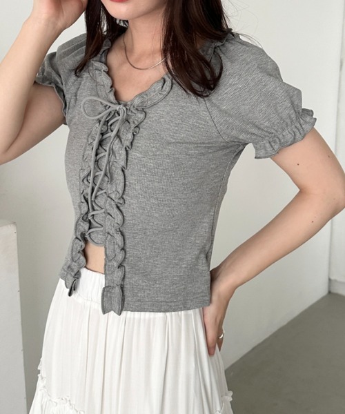 CLEA tシャツ 半袖 レースアップフロントリボントップス レディース