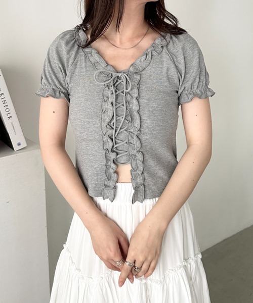 【STUDIOUS】へリンボンクロシェレースアップトップス CLEA tシャツ レースアップフロントリボントップス レディース