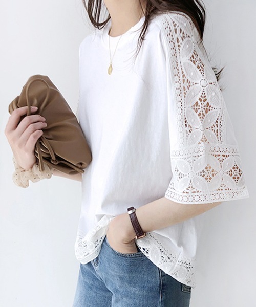 ReRe tシャツ 半袖 ポイントレースシースルートップス レディース