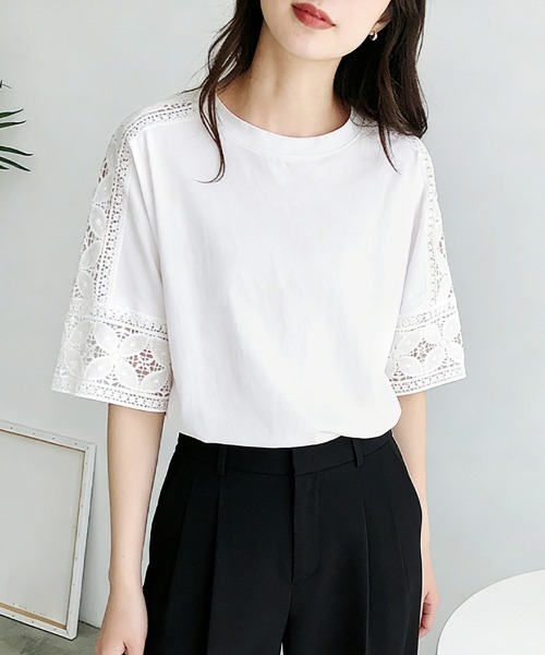 ReRe tシャツ 半袖 ポイントレースシースルートップス レディース