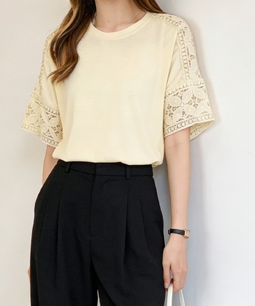 ReRe tシャツ 半袖 ポイントレースシースルートップス レディース