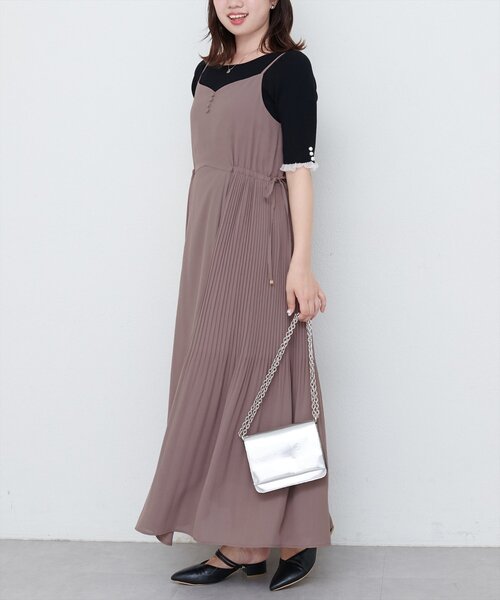 キャミワンピース プリーツ ロング シンプル サイドスリット 2色 natural couture ワンピース 「canami」両サイドプリーツキャミ