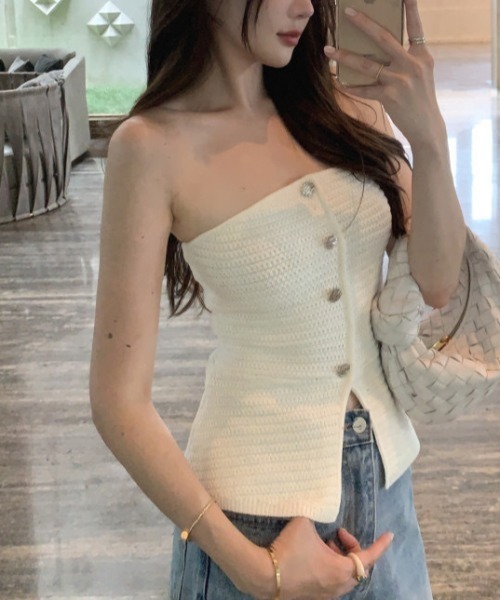 チューブトップ ベアトップ フロントボタン ニットベアトップ