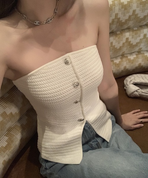 チューブトップ ベアトップ フロントボタン ニットベアトップ