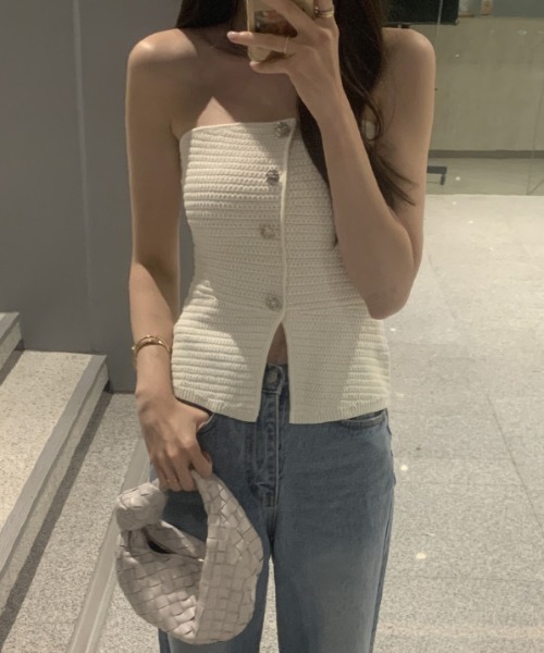 チューブトップ ベアトップ フロントボタン ニットベアトップ