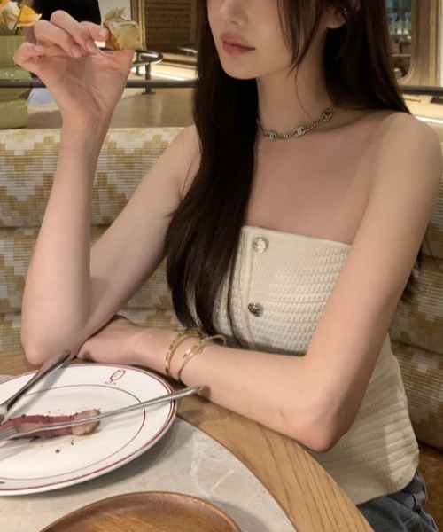 チューブトップ ベアトップ フロントボタン ニットベアトップ