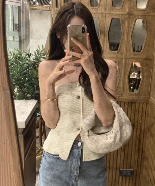 チューブトップ ベアトップ フロントボタン ニットベアトップ