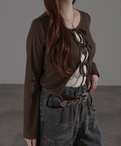 apresjour フロントリボンパフスリブトップス フロントリボンパフスリブトップス（ニット/セーター）｜apres