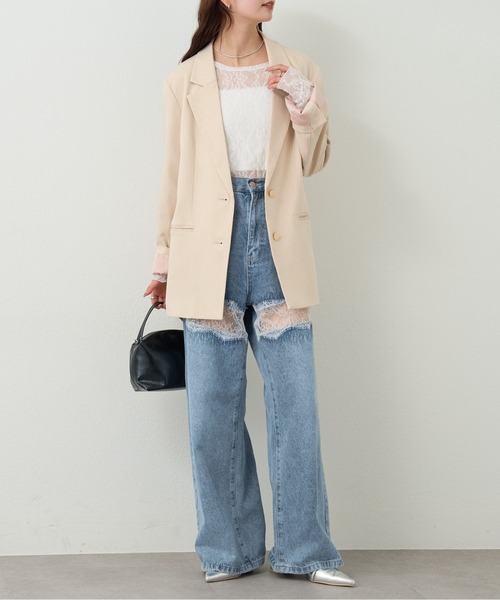 ジーンズ デニム デニムパンツ 「ウエスト調整可能！」レース切替デニム レディースの画像