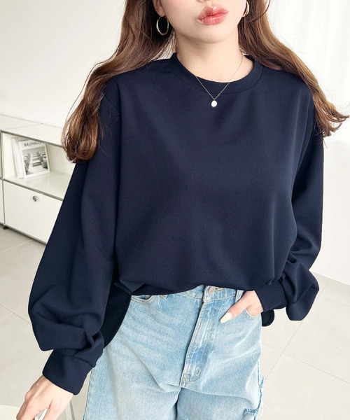 BEARDSLEY ストレッチジョーゼットTブラウス　ネイビー moment+ tシャツ しわになりにくい長袖ストレッチジョーゼットT