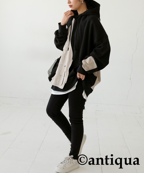 「antiqua」 プルオーバーパーカー FREE ブラック レディース_画像4