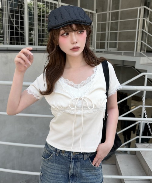 Ray Cassin（レイカズン） tシャツ 半袖 レース切替半袖Tシャツ
