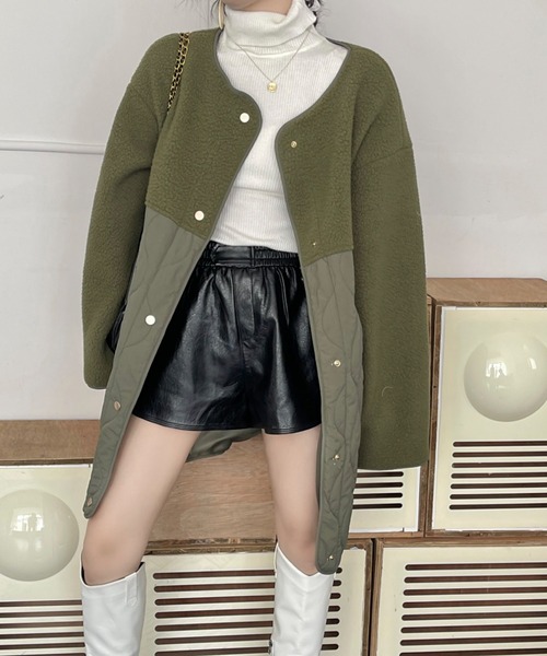 emi+ レディース ボア切り替えキルティングノーカラーコート