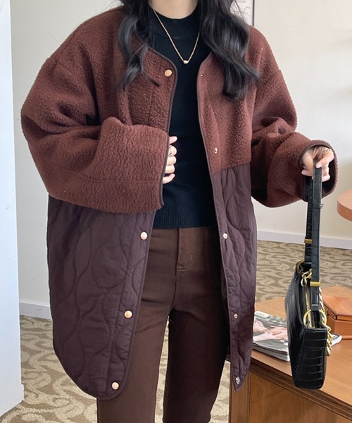 emi+ レディース ボア切り替えキルティングノーカラーコート