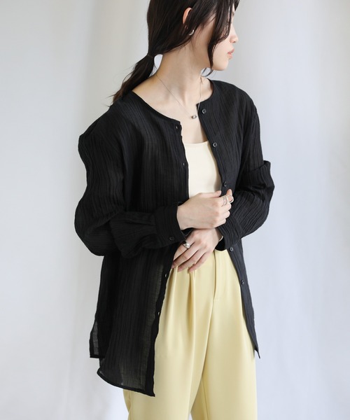 クロシェ ランダム プリーツ ノーカラー シアー 長袖シャツ 黒 70s 80s select MOCA（セレクトモカ） シャツ ブラウス ランダムプリーツノー