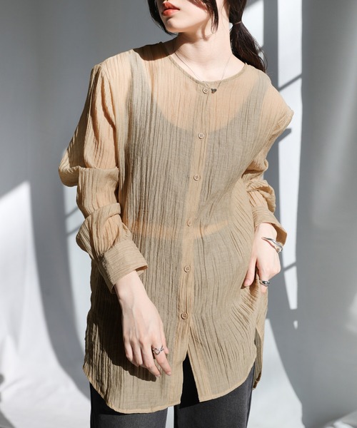 クロシェ ランダム プリーツ ノーカラー シアー 長袖シャツ 黒 70s 80s moment+ ブラウス シャツ 「累計販売枚数2万枚突破！」シアーランダム