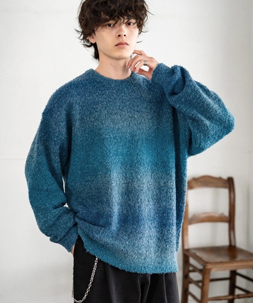 ✨️希少カラー✨️Ron Herman セーター ニット グラデーション L 青 RHC ロンハーマン限定“ダサかわ”ニット、羊＆ヤギの総柄やクラシカルな