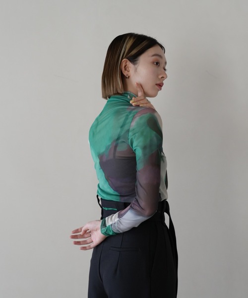 Uenui tシャツ ウォーターカラー シアー タートルネック