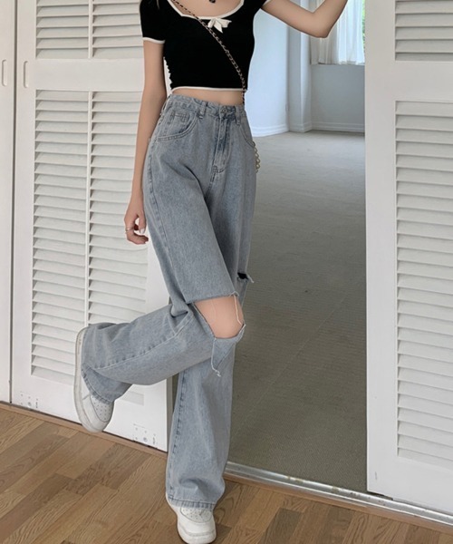 【美品✨ビブパンツ✨レディース L】ESTIVO ナイロン デニム パンツ Elcamino」バタフライ柄 デニムパンツ - 古着屋グレープフルーツ