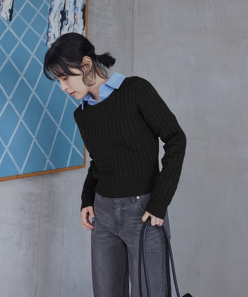 UN3D クロップドニット ブラック ニット セーター ケーブルクロップドニット レディース : ZOZOTOWN