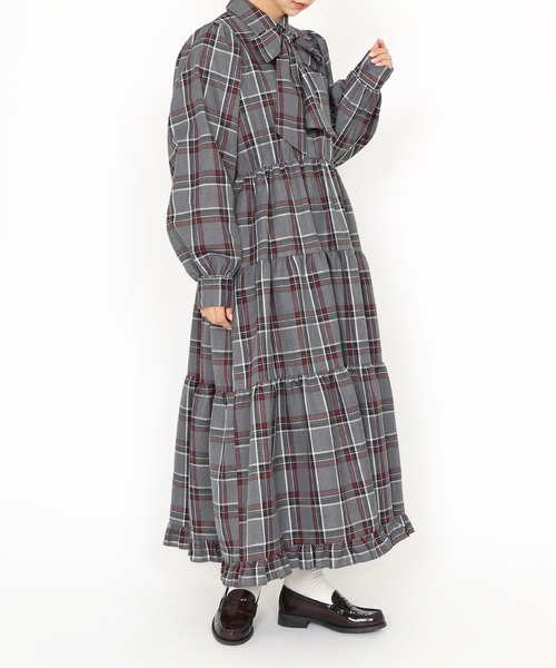 PUNYUS ワンピース パフスリーブティアードチェックワンピース  