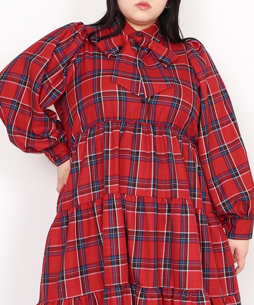 PUNYUS ワンピース パフスリーブティアードチェックワンピース  