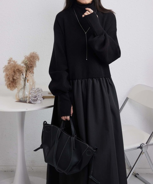【美品】Rene ワンピース ノーカラー ニット ブラック 袖素材切替 38 zj-dj-088.jpg