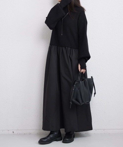 ロングワンピース タートルネック 長袖 ブラック M/XL MAISON DE THERESE ワンピース タートルネック 切り替えニット