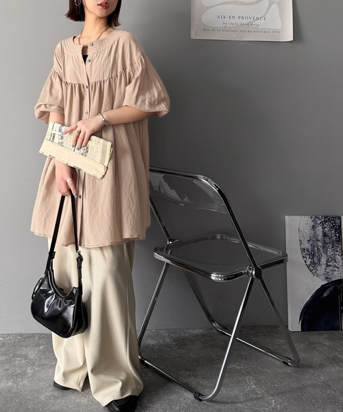 シャツ/ブラウス(長袖/七分) FETICO / RUFFLED SILK BLOUSE ( Beige ) セール】〈手洗い可能〉シルク混 シャイニー フリル スリーブ ブラウス