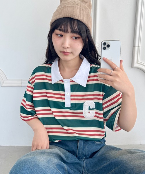 MUNSINGWEAR オリーブと白のボーダーポロシャツ Mサイズ　レディース Amazon | [Naynfenl] ポロシャツ 夏 半袖 ボーダーシャツ 襟付き