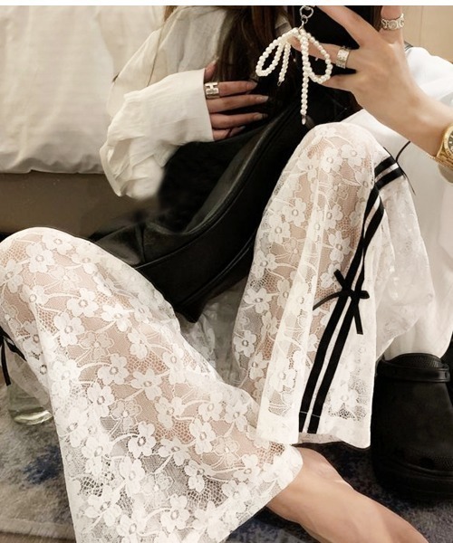 ワイドパンツ パンツ 花柄刺繍レースサイドリボンワイドパンツ