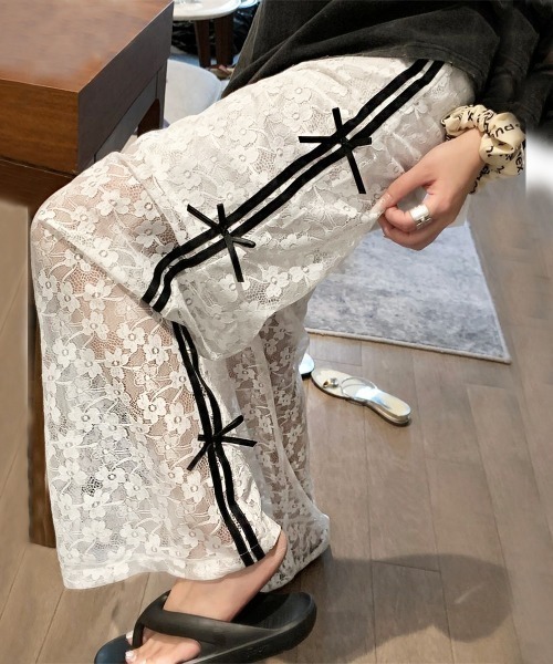 ワイドパンツ パンツ 花柄刺繍レースサイドリボンワイドパンツ