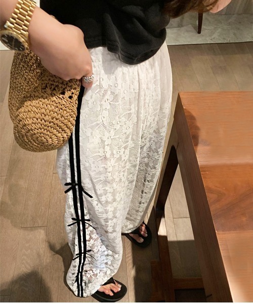 ワイドパンツ パンツ 花柄刺繍レースサイドリボンワイドパンツ