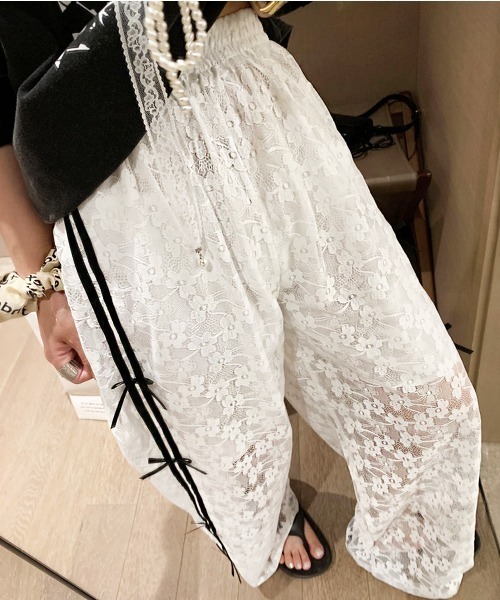 ワイドパンツ パンツ 花柄刺繍レースサイドリボンワイドパンツ