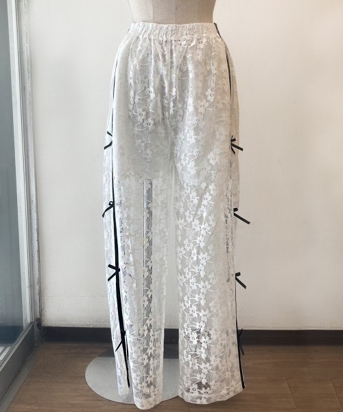 ワイドパンツ パンツ 花柄刺繍レースサイドリボンワイドパンツ