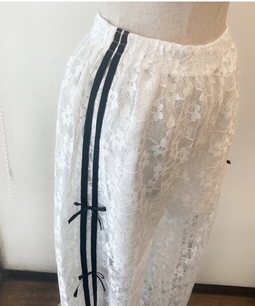 ワイドパンツ パンツ 花柄刺繍レースサイドリボンワイドパンツ