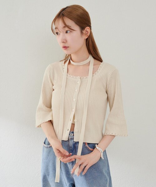 ニット セーター 「WEB先行/2WAY/4色展開」リブニットスクエアレースカーデ レディース Kastane ニット セーター 「WEB先行/2WAY/4色展開」リブニット