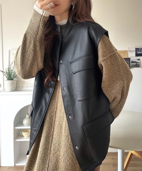 クラシカルエルフ（Classical Elf）/【25AW新作】羽織るだけで、モードな存在感。BIGポケットレザー風加工スエードルーズベスト classicalelf（クラシカルエルフ） ベスト ジレ 羽織るだけで、モード