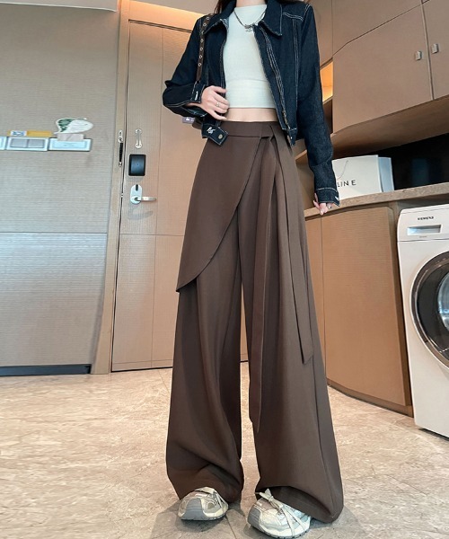 ワイドパンツ パンツ ラップスカート風ディテール付きワイドパンツ