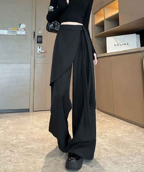 パンツ ラップスカート風ディテール付きワイドパンツ レディース