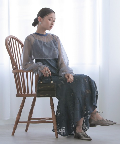 未使用　kana プリーツドレスワンピース　3Lサイズブルーグレー　大きいサイズ ビスチェ風 レース×プリーツ ワンピース パーティー ドレス 結婚式