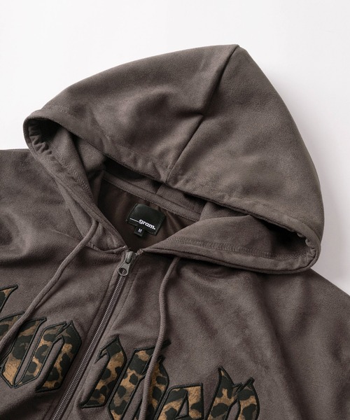 パーカー 「85」フェイクスウェード ヒョウ柄ロゴ ジップパーカー